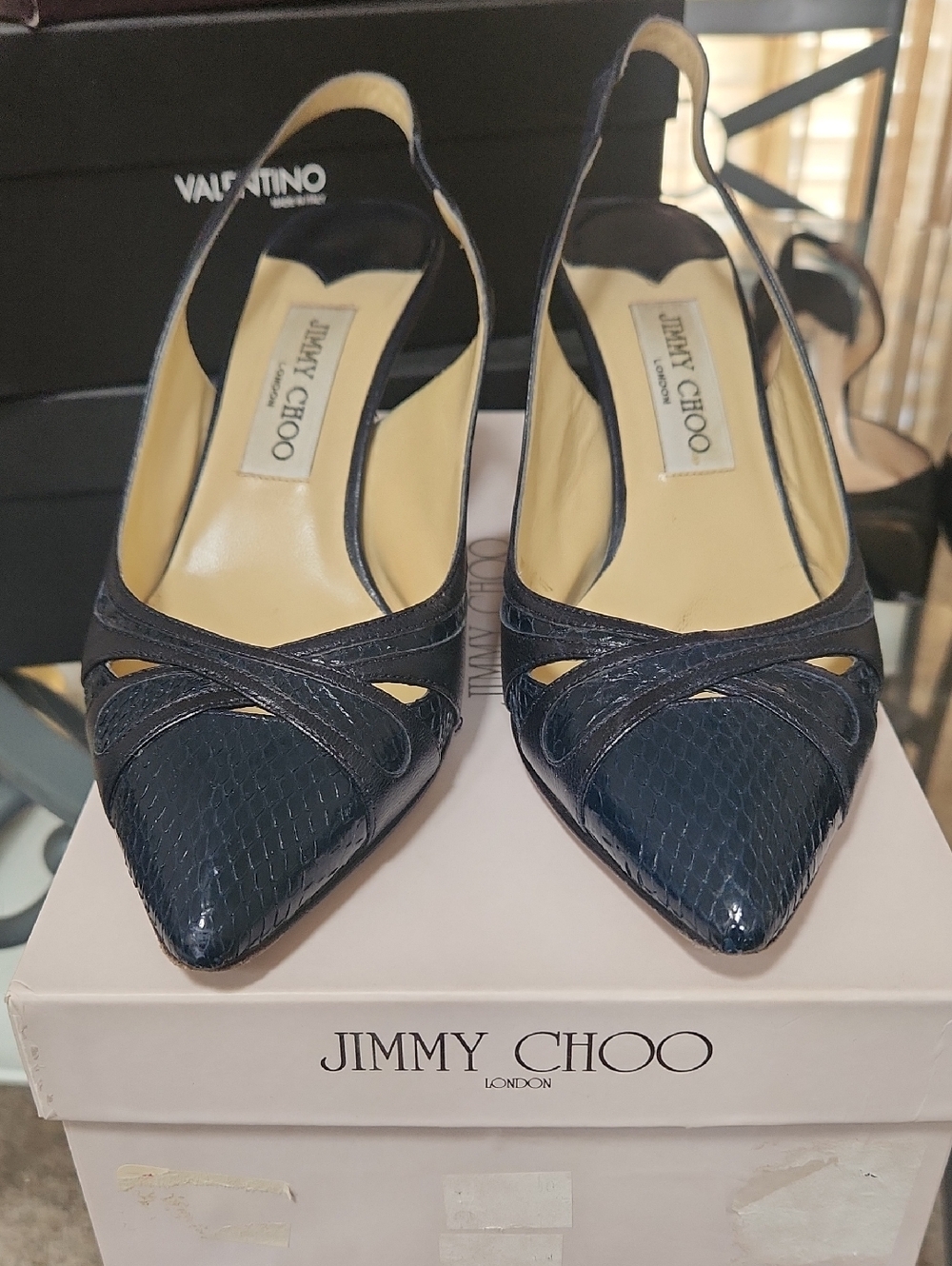 Jimmy Choo Navy Watersnake Textured Pointed Slingback Heels